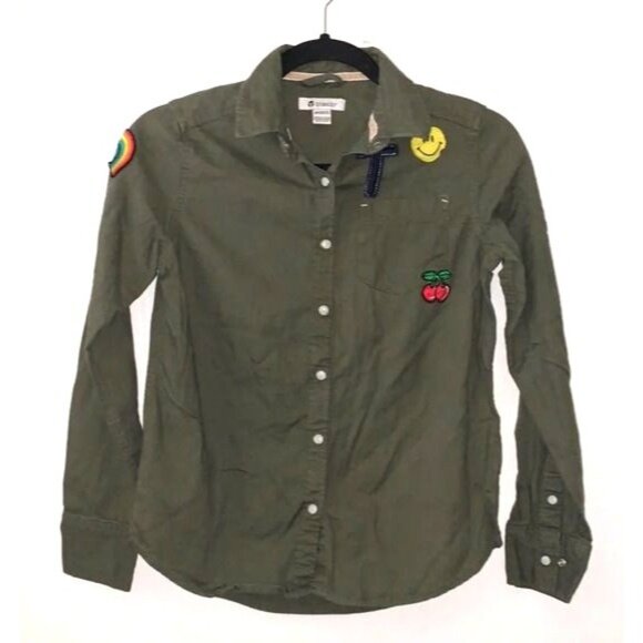 Tractr Olive Green Button-Down Shirt With Fun Patches Rainbow Smiley Face & Cher - Picture 1 of 7
